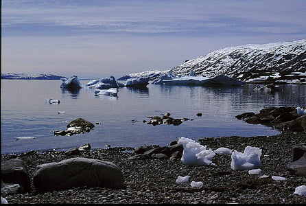 Grenlande, saule, pusnakts, līcis, aisbergs