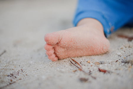 baby, kind, schattig, voet, zand, kust, Tiny