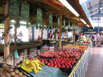 france, market, fruit, food, bananas, peaches, apricots