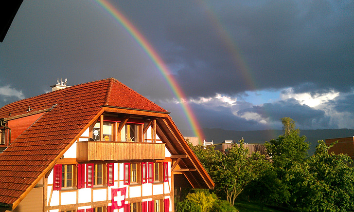 rainbow, fachwerkhaus, weather, nature, mood, homes, double rainbow