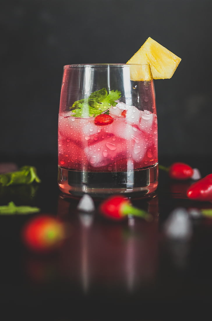 strawberry, cocktail, ice, shot, glass, drinks, beverage