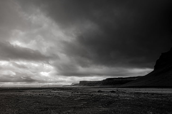 black-and-white, cloudy, dark, desert, landscape, nature, outdoors