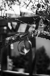 reflector, branch, decoration, glass, tree, nature, black and white