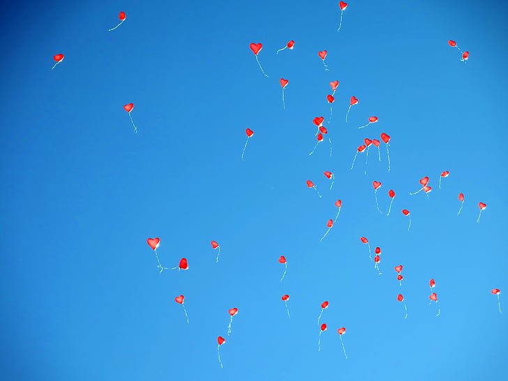 ballonger, himmelen, blå, hjerte, helium, romantisk, rød