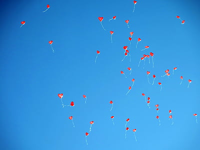 baloni, debesis, zila, sirds, hēlijs, romantisks, sarkana
