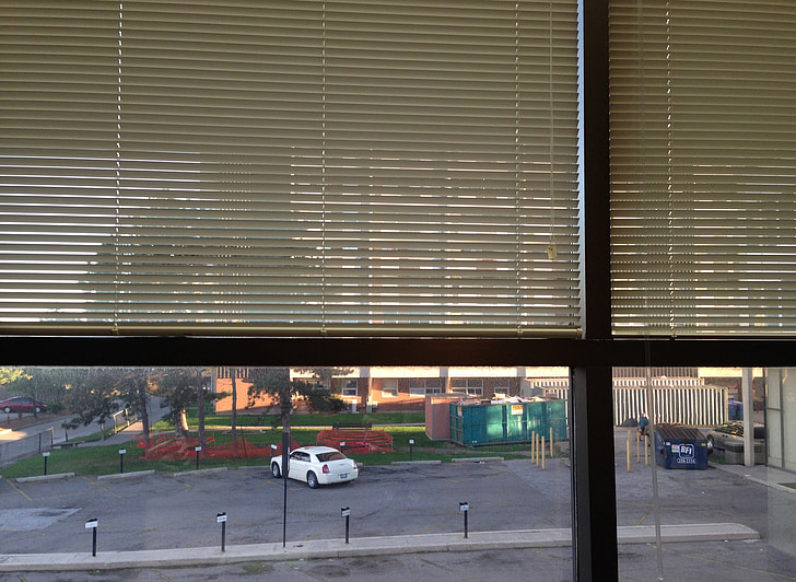 office, window, blinds, parking lot, business, building, architecture