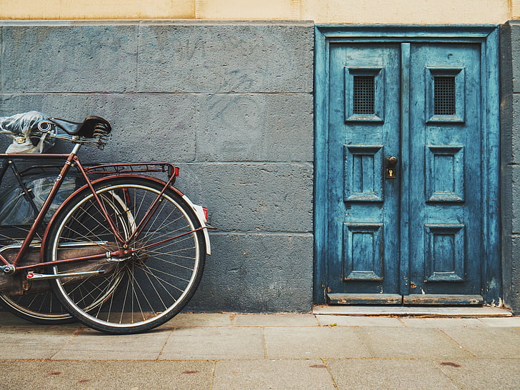 architecture, building, infrastructure, wall, door, bike, bicycle
