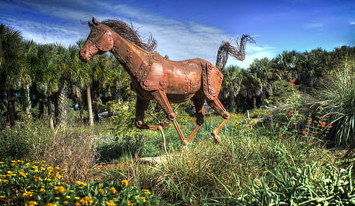 caballo, estatua de, escultura, jardín, tropical, Jardín Botánico de Nápoles