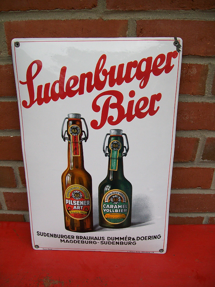 sudenburger alus, alus, miežu sulas, metāla zīme, reklāma, slāpes, dzēriens