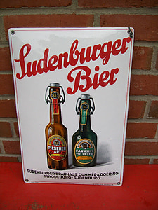 sudenburger pivo, pivo, ječmenná šťáva, kovový znak, inzerce, žízeň, nápoj