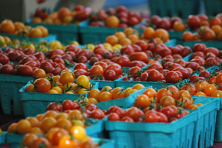 Cherry paradicsom, mezőgazdasági termelő piaci, piac, cseresznye, friss, szerves, zöld