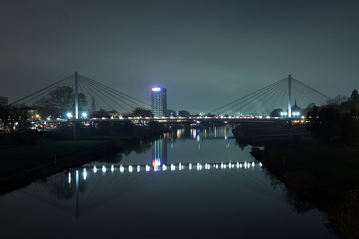 Neckar, Mannheim, Bridge, Panorama, yö, arkkitehtuuri, kaupunkinäköala