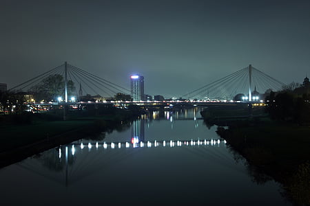 Neckar, Manheimas, tiltas, Panoramos, naktį, Architektūra, su vaizdu į miestą