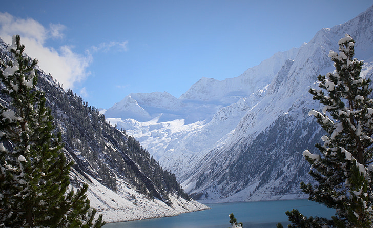 víztározó, schlegeis, Zillertal, hegyek, alpesi, táj, Tirol