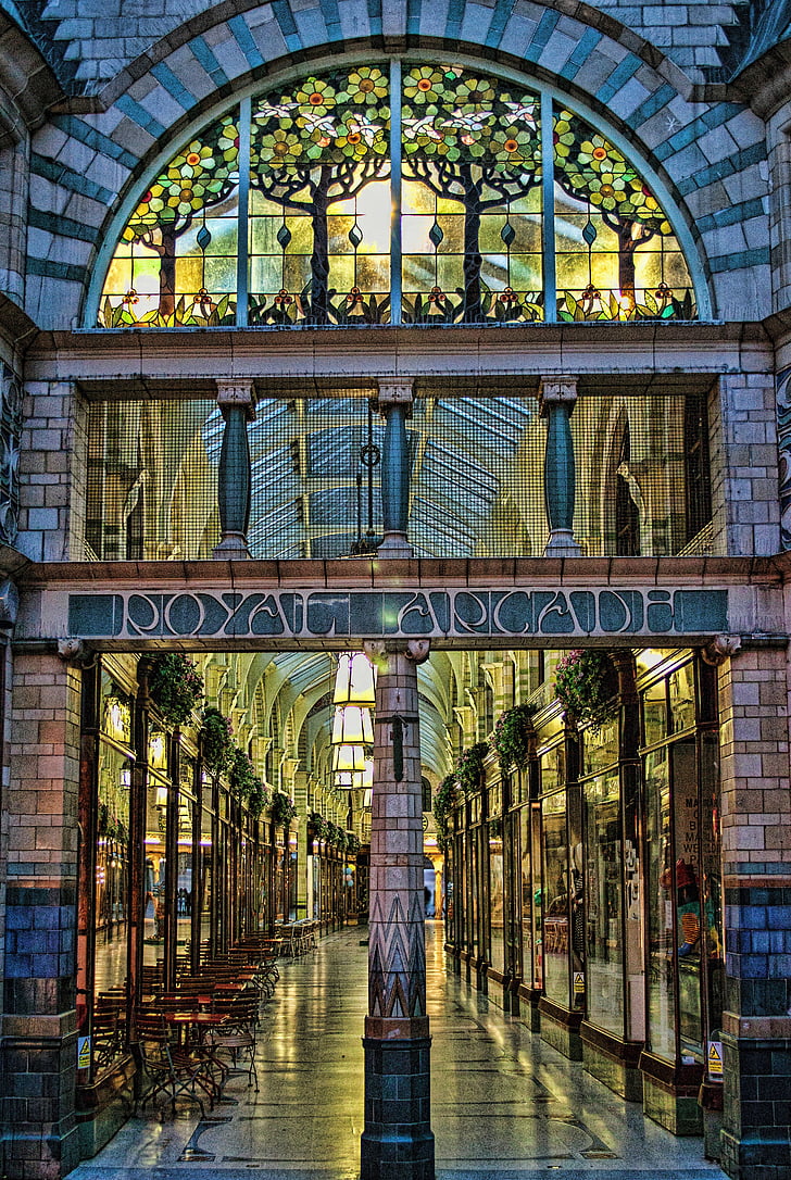 arcade, viktoriánus, l, építészet, Anglia, város, Egyesült Királyság