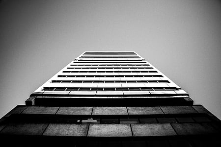 arquitectura, en blanc i negre, edifici, gratacels, baix angle de tir, Perspectiva, cel