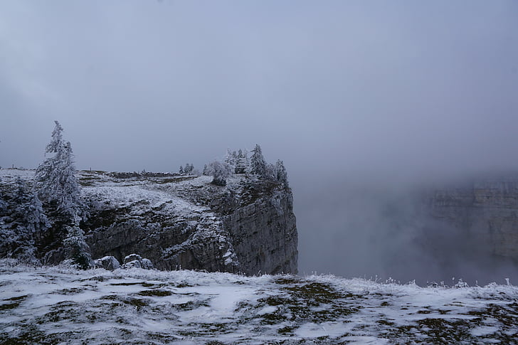 creux du van, mountains, abyss, switzerland, cliff, fog, white