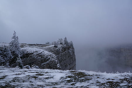 creux du van, mountains, abyss, switzerland, cliff, fog, white