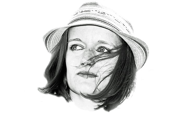 nő, kalap, portré, szem, nézet, fehér, haj