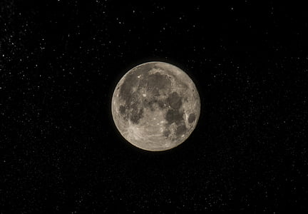 svart, fullmåne, midnatt, månen, månen overflaten, stjerner, universet