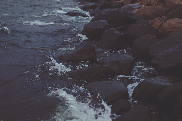photograph, body, water, near, rocks, waves, splash