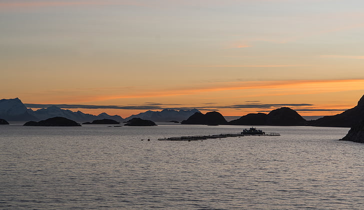 Noruega, litoral, pôr do sol, fazenda de peixes, Fiorde, mar, montanha