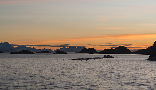 norway, coastline, sunset, fish farm, fjord, sea, mountain
