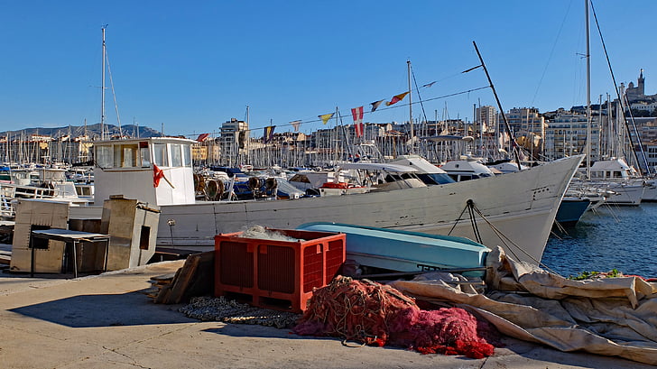 fiskebåt, netto, båt, hamnen, hamn, docka, Marseille