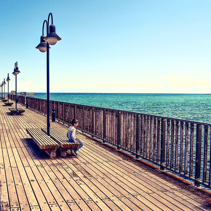 pier, dock, wooden, sea, horizon, kid, boy