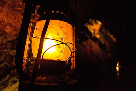 lantern, dark, cavern, glow, metal, gas, old
