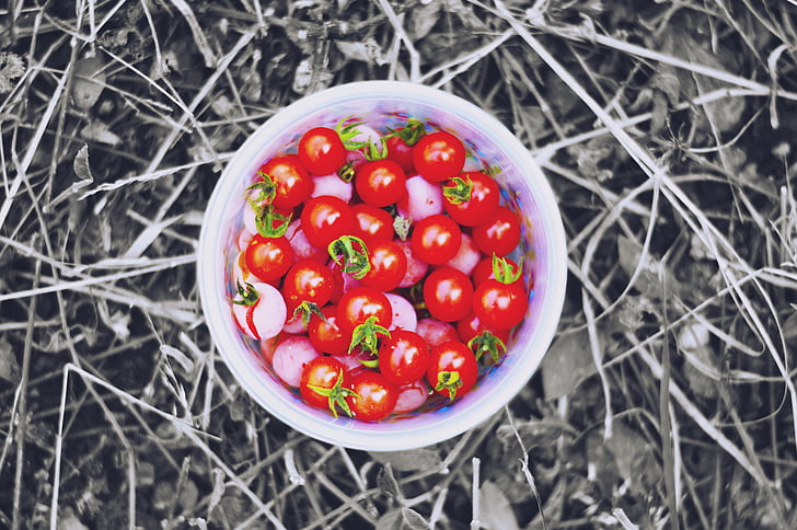 Kom, cherry tomaten, Close-up, koken, keuken, heerlijke, dieet