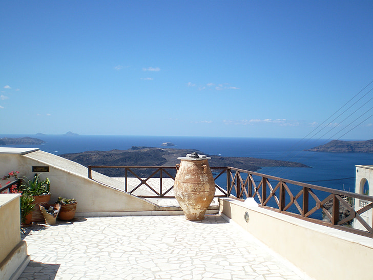 Santorini, ljeto, Grčka, pogled na more, Grčki otok, naselje, Oia