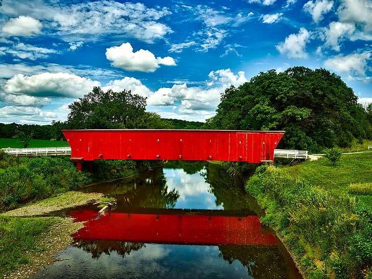 puente cubierto, punto de referencia, histórico, Condado de Madison, Iowa, cielo, nubes
