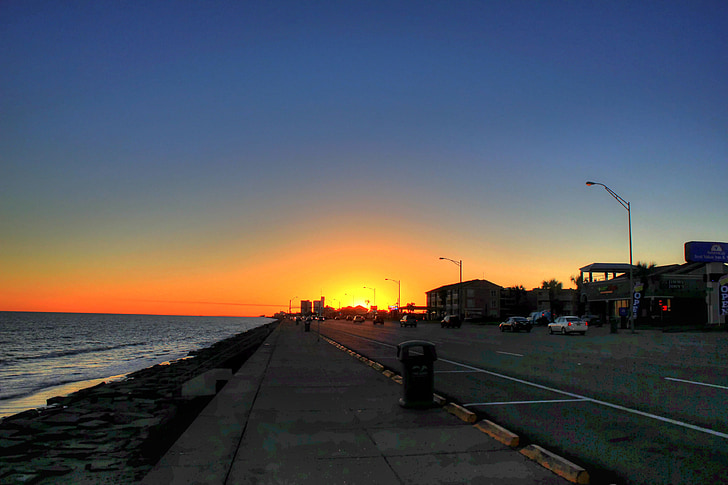solnedgång, Shore, havet, Ocean, staden, färger, skymning