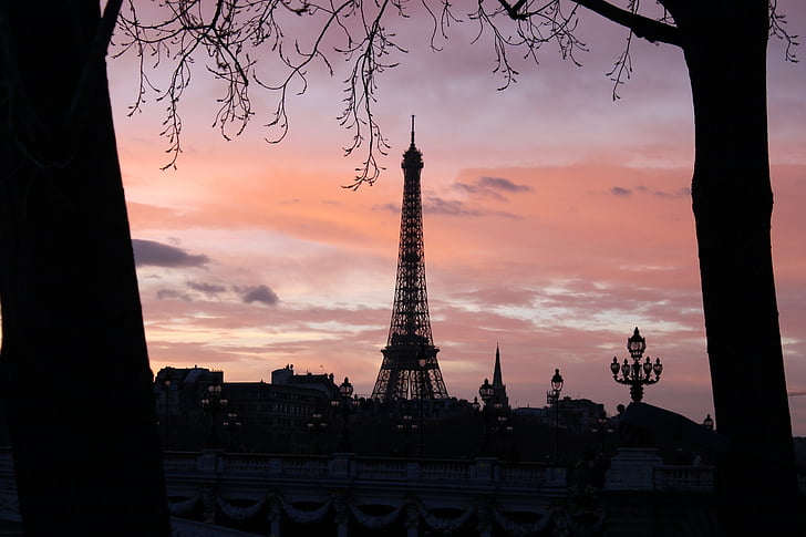 Eifelio bokštas, Paryžius, siluetas, paminklas, Saulėlydis, dangus, spalvinga
