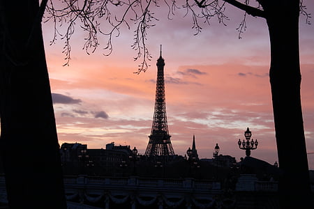 Torre Eiffel, París, silueta, Monumento, puesta de sol, cielo, colorido