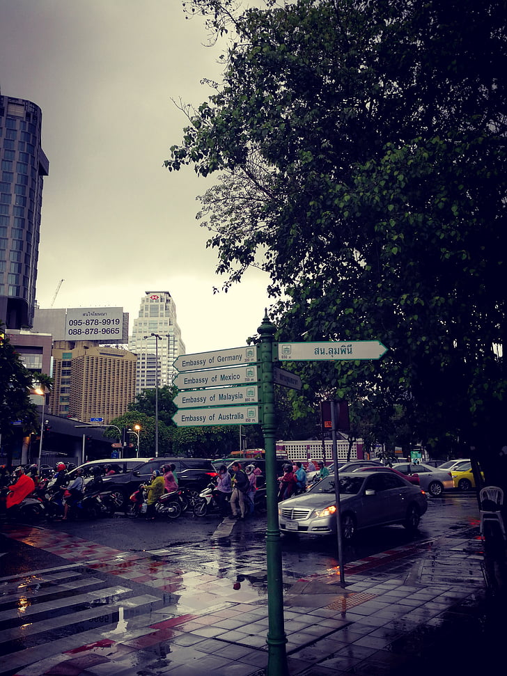 road signs, bangkok, rain