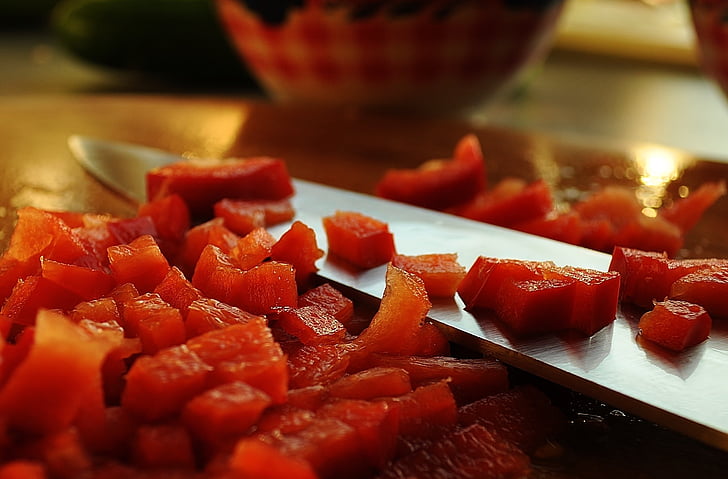 plátky, paradajky, striebro, nôž, hnedá, sekanie, doska