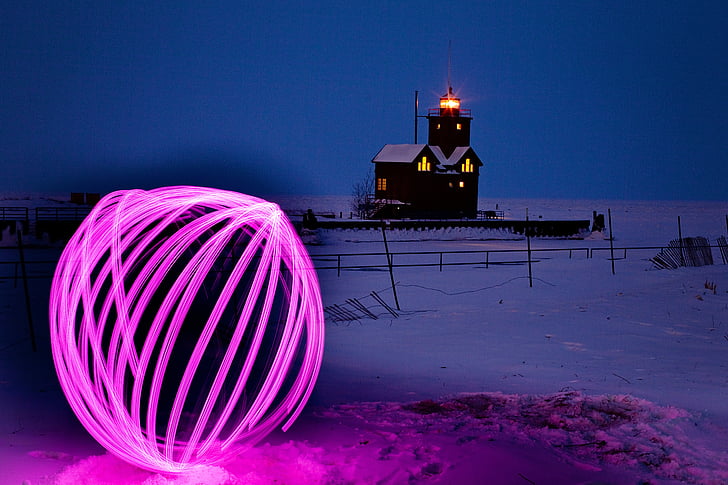 orb, long exposure, lights, night, lighthouse, winter, red