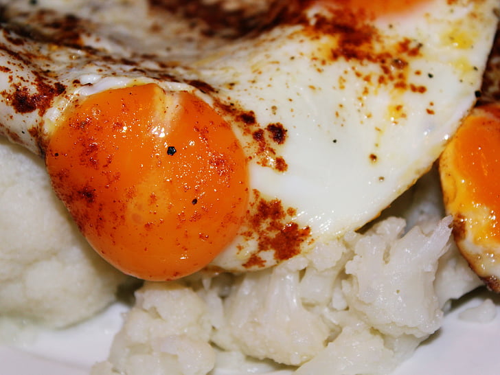 egg, yolk, fried, cauliflower, lunch, abendbrot, meal