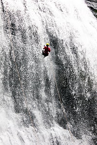 waterfall, man, climbing, rappelling, abseiling