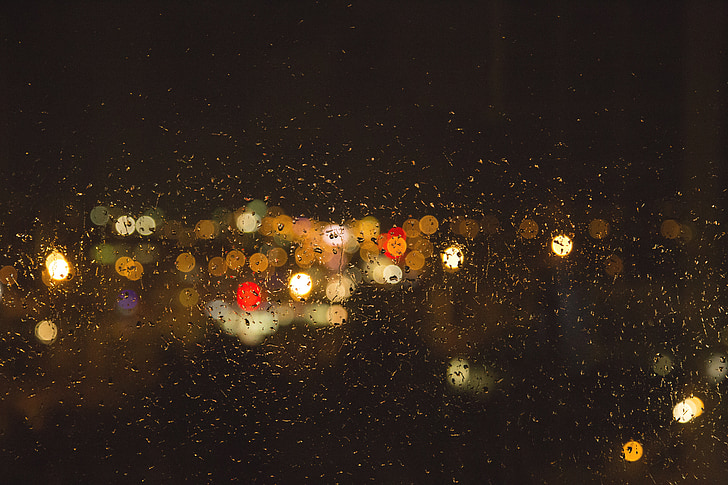 dážď, okno, rozostrenie, noc, svetlá, mokré, sklo