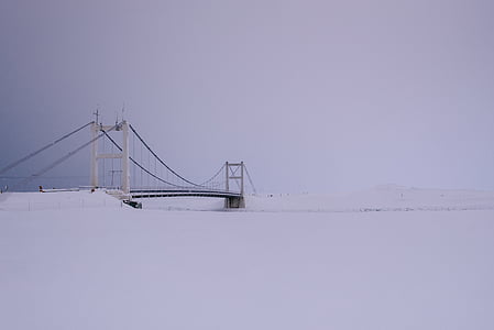 white, steel, long, bridge, fill, snow, winter