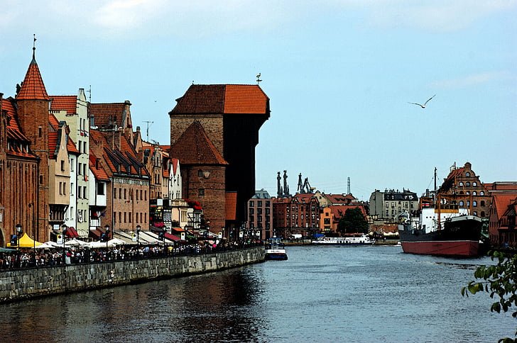 akvarell, Gdańsk, óváros, daru, a régi város, építészet, város