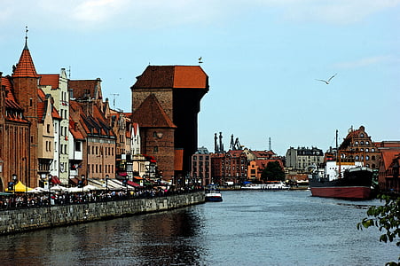 aquarela, Gdańsk, cidade velha, guindaste, a cidade velha, arquitetura, cidade