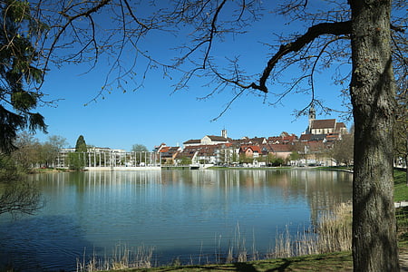 Böblingen, ville, Lac, maisons, Église, vue sur la ville, ville