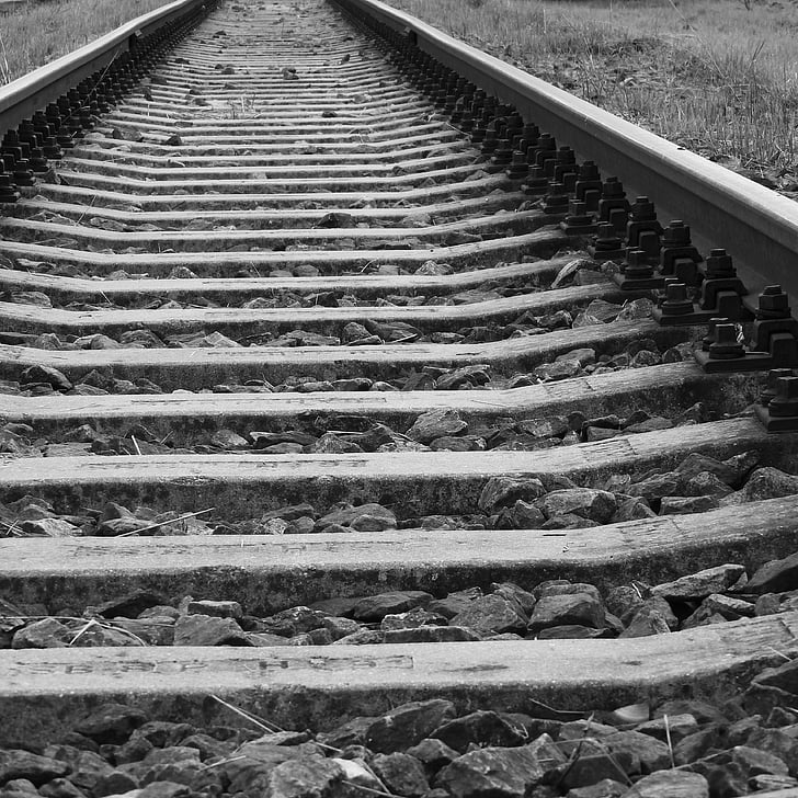 faixa, estrada de ferro, laços, preto e branco, ferrovia, transporte