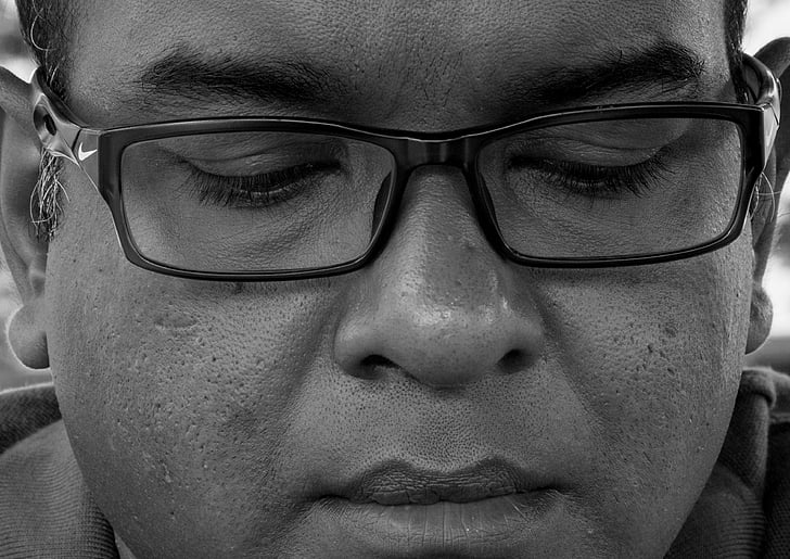 man, close up, face, black and white, glasses