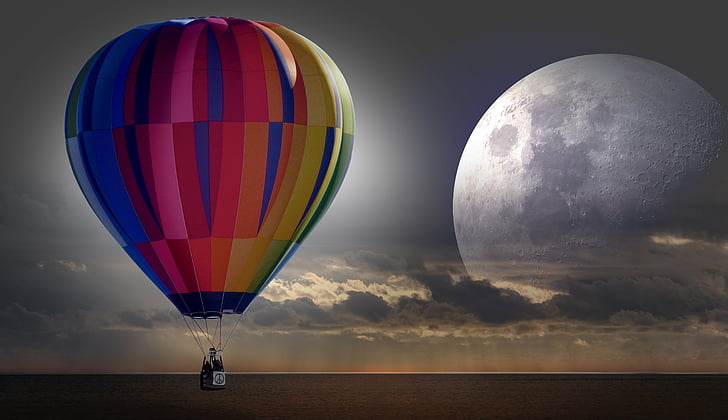 balloon, hot air balloon ride, mission, moon, sea, clouds, light
