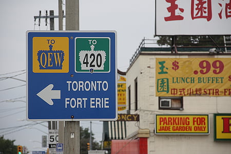 Niagara, Canadá, área de fronteira, sinais de trânsito, confundido, autoestrada, programa